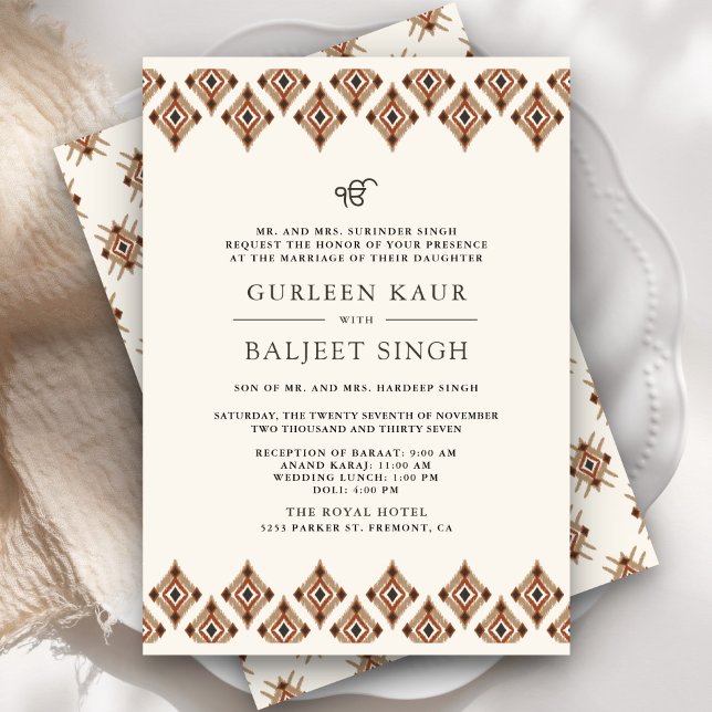 Brown Geometric Ikat Anand Karaj Sikh Wedding Invitation (Creator Uploaded)