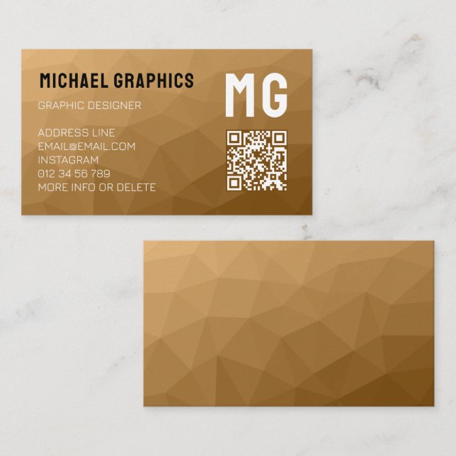 Brown geometric mesh pattern QR code Monogram Business Card (Front/Back)