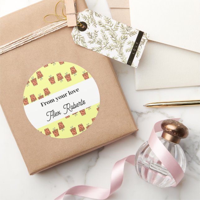 Brown gift boxes with hearts pattern classic round sticker (Gifting)