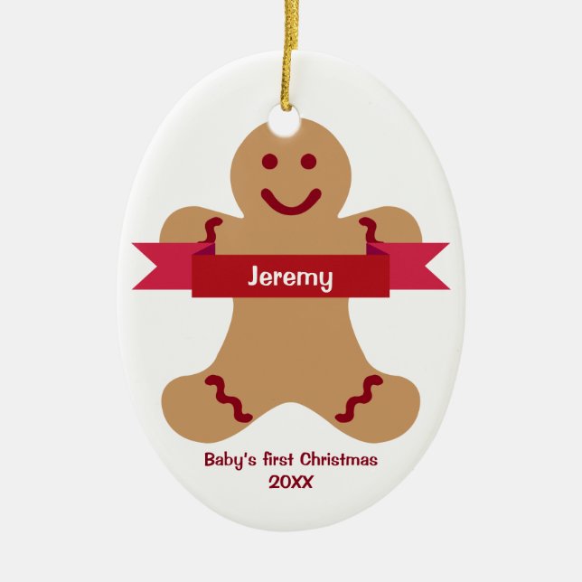 Brown gingerbread kid red banner name baby first ceramic ornament (Front)