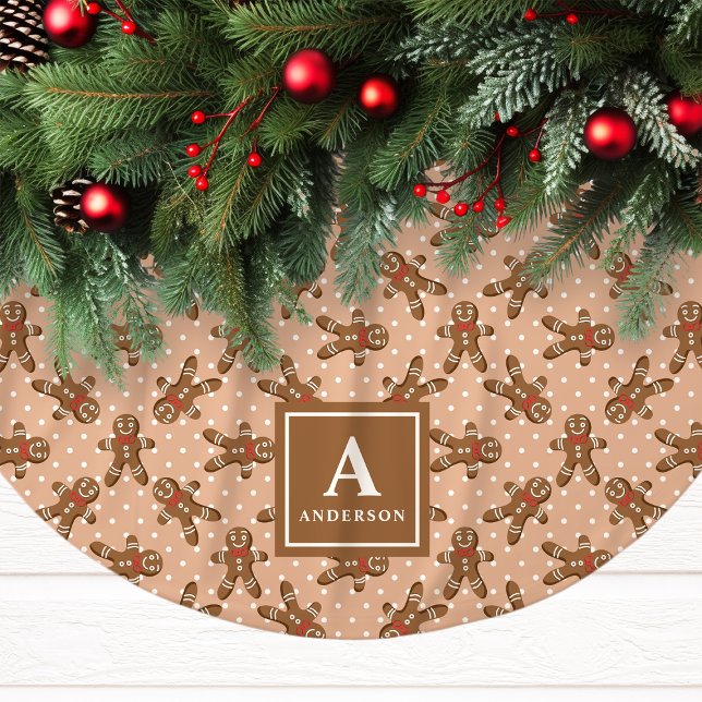 Brown Gingerbread Man Monogram Christmas Brushed Polyester Tree Skirt (Creator Uploaded)