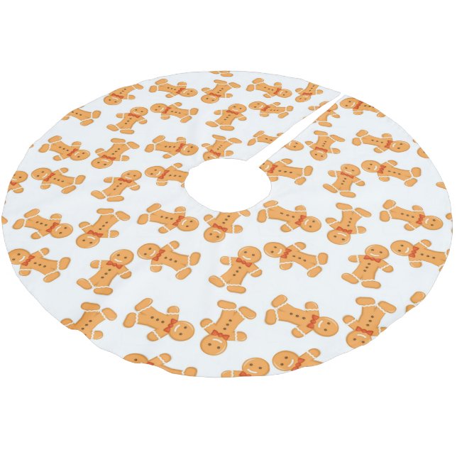 Brown gingerbread man on white brushed polyester tree skirt (Angled)