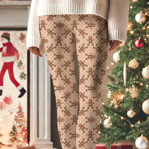 Brown Gingerbread Man Polka Dot Christmas Leggings