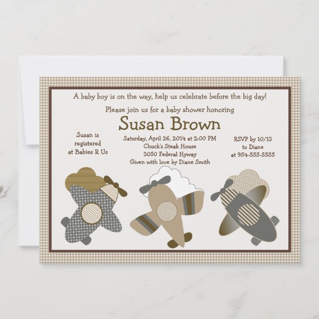 Brown Gingham Airplanes Baby Shower Invitation (Front)