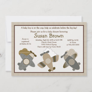 Brown Gingham Airplanes Baby Shower Invitation