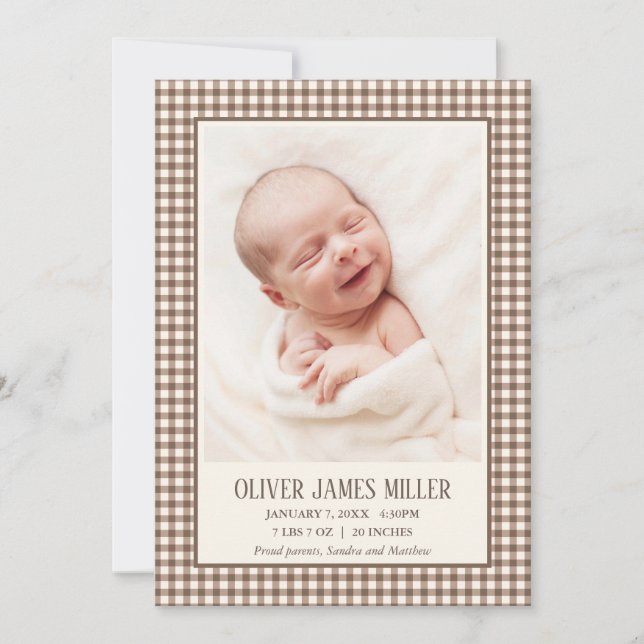 Brown Gingham Baby Birth Announcement Photo Card (Front)