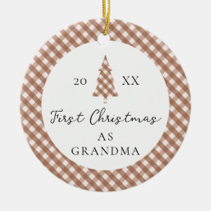 Brown Gingham Baby Photo Grandma 1st Christmas Ceramic Ornament