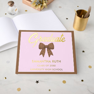 Brown Gingham Bow Graduation Party Foil Guest Book