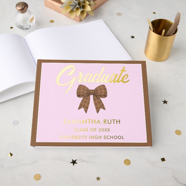 Brown Gingham Bow Graduation Party Foil Guest Book (Front Open)