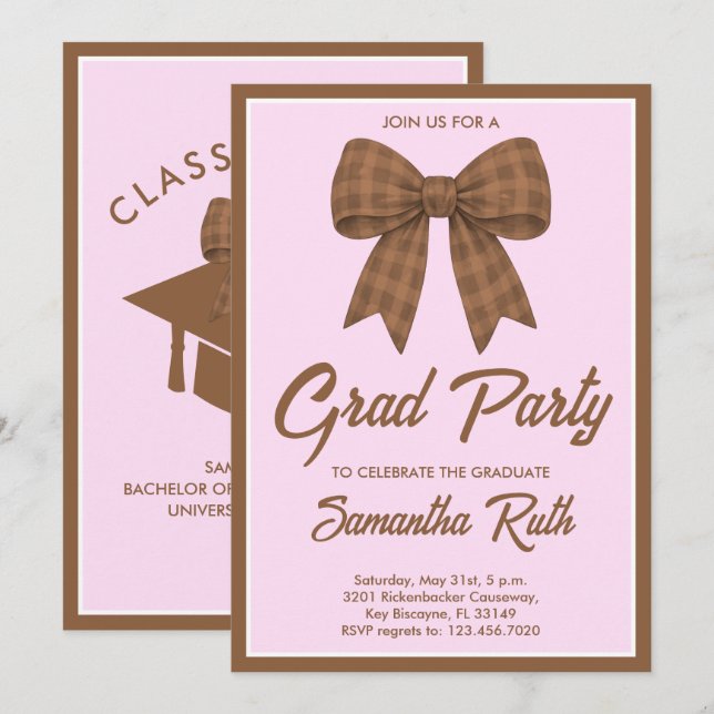Brown Gingham Bow Graduation Party Invitation (Front/Back)