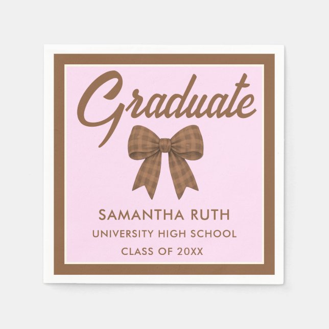 Brown Gingham Bow Graduation Party Napkins (Front)