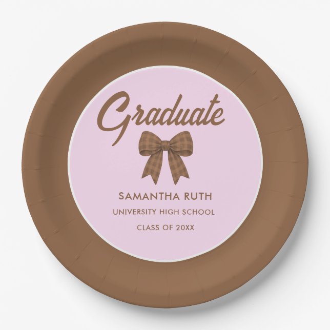Brown Gingham Bow Graduation Party Paper Plates (Front)