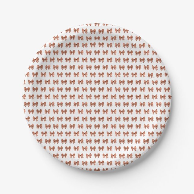 Brown gingham bow pattern paper plates (Front)