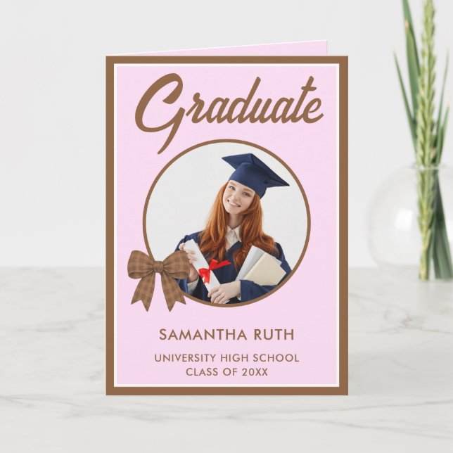 Brown Gingham Bow Photo Graduation  Card (Front)