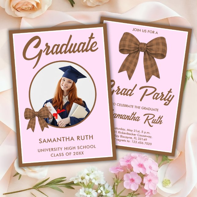 Brown Gingham Bow Photo Graduation Party Invitation (Creator Uploaded)