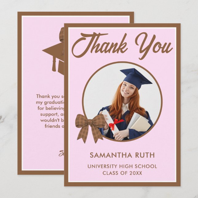 Brown Gingham Bow Photo Graduation Thank You Card (Front/Back)