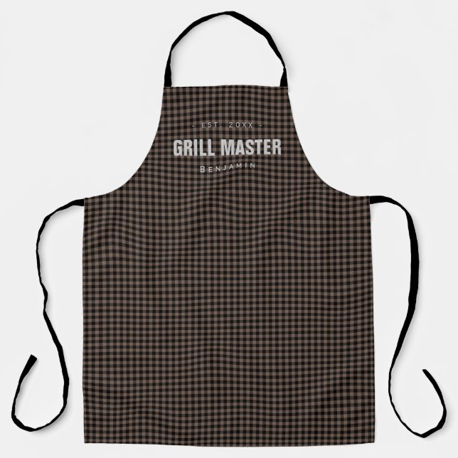 Brown gingham check grill master personalized apron (Front)