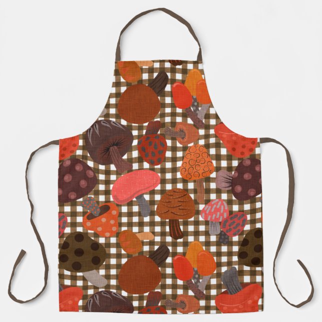 Brown Gingham Check Mushroom Mix Apron (Front)