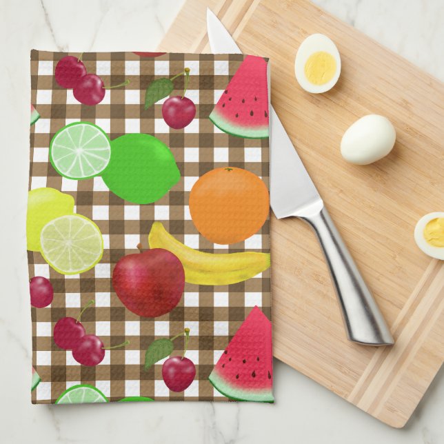 Brown Gingham Check with Fruit Pattern Kitchen Towel (Quarter Fold)