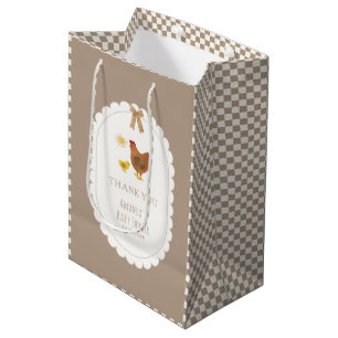 Brown Gingham Cottagecore Hen Chick Baby Shower Medium Gift Bag