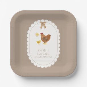 Brown Gingham Cottagecore Hen Chick Baby Shower Paper Plates