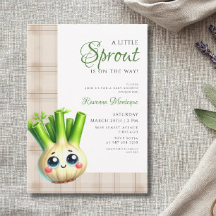 Brown Gingham Fennel Little Sprout Baby Shower Invitation