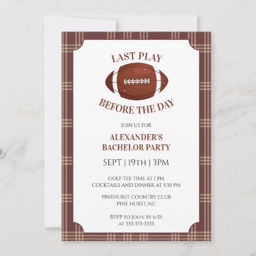 Brown Gingham Football Bachelor Party Invitation