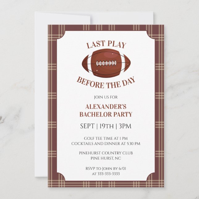 Brown Gingham Football Bachelor Party Invitation (Front)