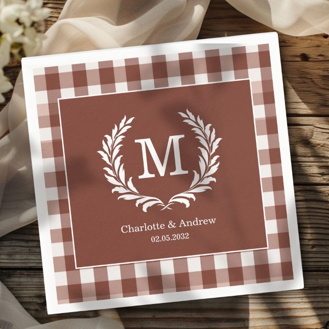 Brown Gingham Monogram Crest Custom Napkins (Brown Gingham Monogram Crest Custom Napkins with your Monogram, names and Date.)