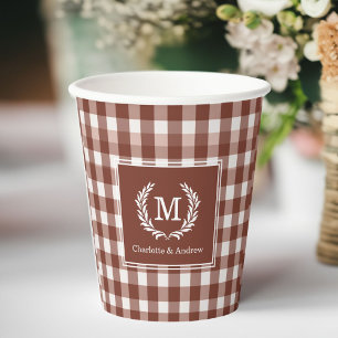 Brown Gingham Monogram Crest Custom Paper Cups