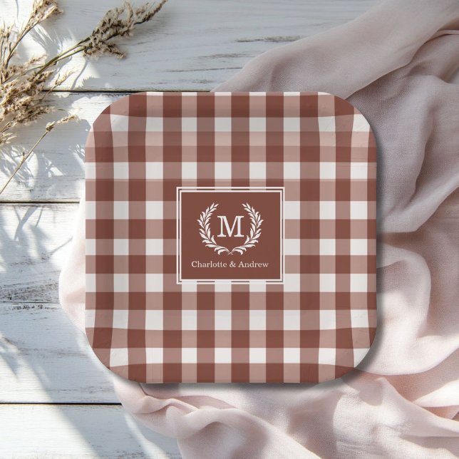 Brown Gingham Monogram Crest Custom Paper Plates (Brown Gingham Monogram Crest Custom Paper Plates with your Monogram and Names.)