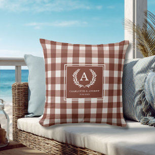Brown Gingham Monogram Crest Throw Pillow