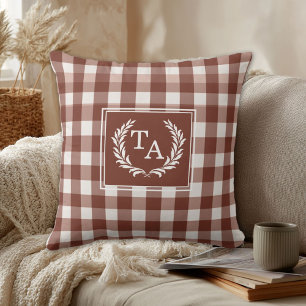 Brown Gingham Monogram Crest Throw Pillow