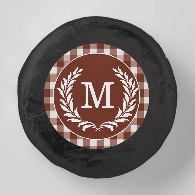 Brown Gingham Monogram Crest Wedding Dipped Oreo Cookie Favors (Front)