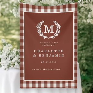 Brown Gingham Monogram Crest Wedding Welcome Banner