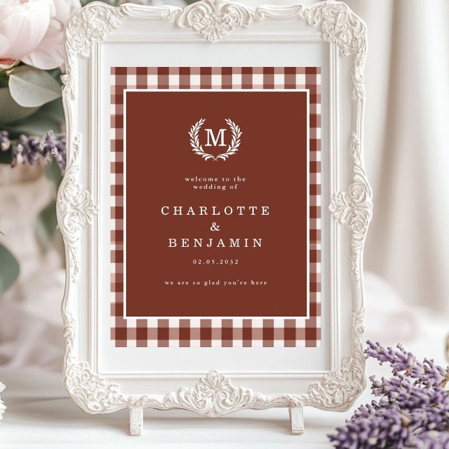 Brown Gingham Monogram Crest Wedding Welcome Poster (Brown Gingham Monogram Crest Wedding Welcome Poster)