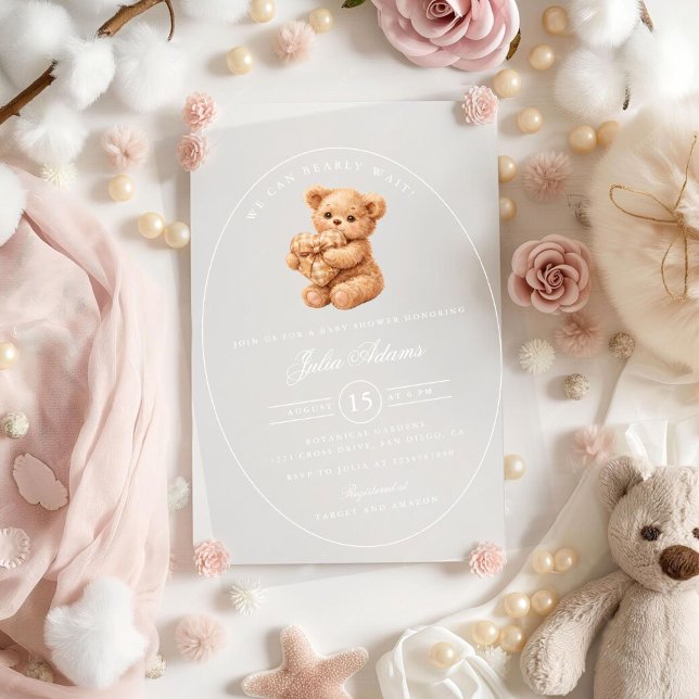 Brown Gingham Teddy Bear Neutral Baby Shower Paper Acrylic Invitations (Creator Uploaded)