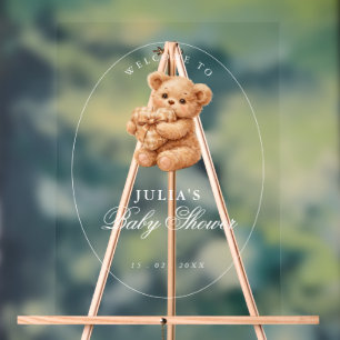Brown Gingham Teddy Bear Neutral Baby Shower Paper Acrylic Sign