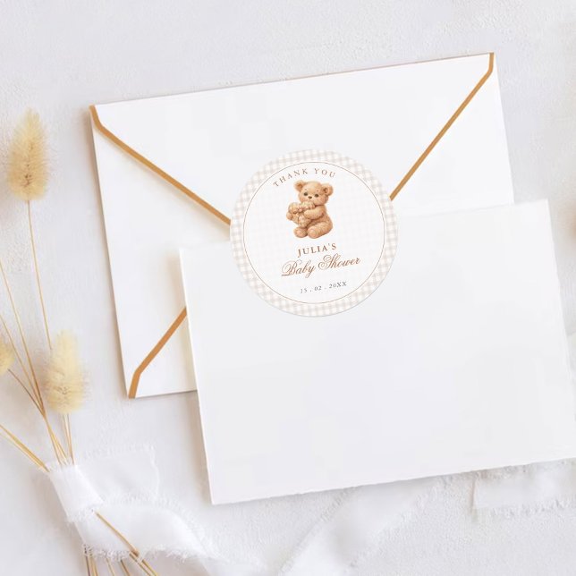 Brown Gingham Teddy Bear Neutral Baby Shower Paper Classic Round Sticker (Creator Uploaded)