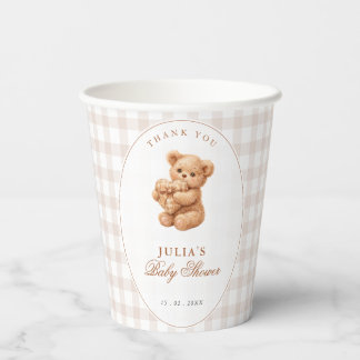 Brown Gingham Teddy Bear Neutral Baby Shower Paper Cups