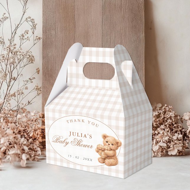 Brown Gingham Teddy Bear Neutral Baby Shower Paper Favor Boxes (Creator Uploaded)