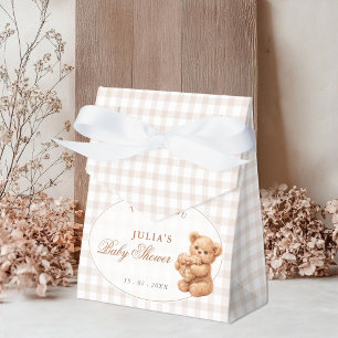 Brown Gingham Teddy Bear Neutral Baby Shower Paper Favor Boxes