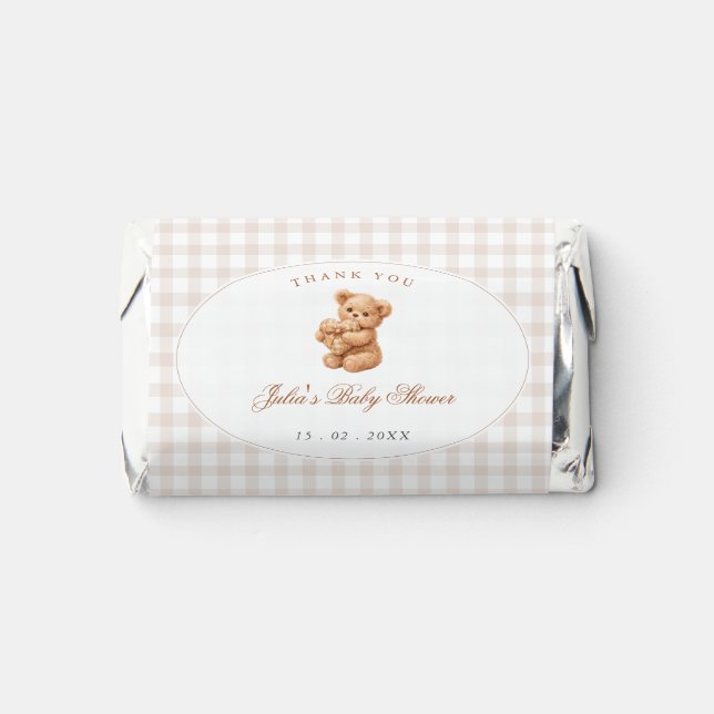 Brown Gingham Teddy Bear Neutral Baby Shower Paper Hershey's Miniatures (Front)