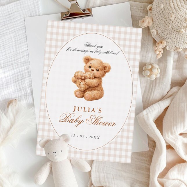 Brown Gingham Teddy Bear Neutral Baby Shower Paper Invitation (Creator Uploaded)
