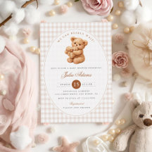 Brown Gingham Teddy Bear Neutral Baby Shower Paper