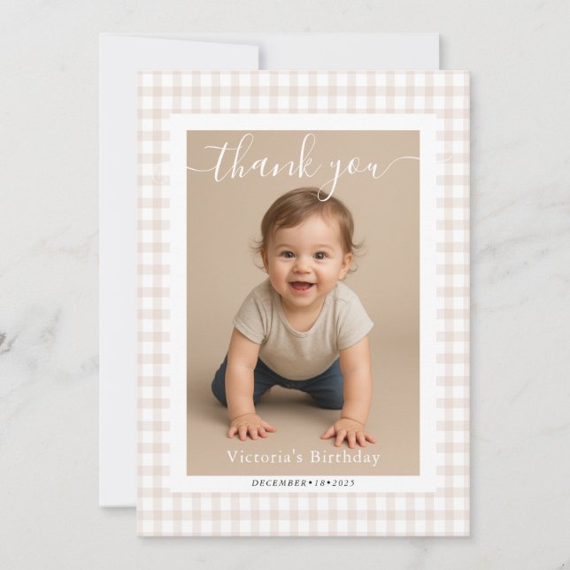 Brown Gingham Teddy Bear Neutral Baby Shower Paper Note Card (Front)