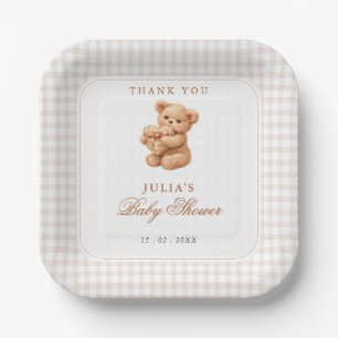 Brown Gingham Teddy Bear Neutral Baby Shower Paper Plates