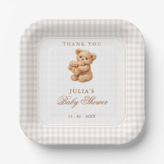Brown Gingham Teddy Bear Neutral Baby Shower Paper Plates