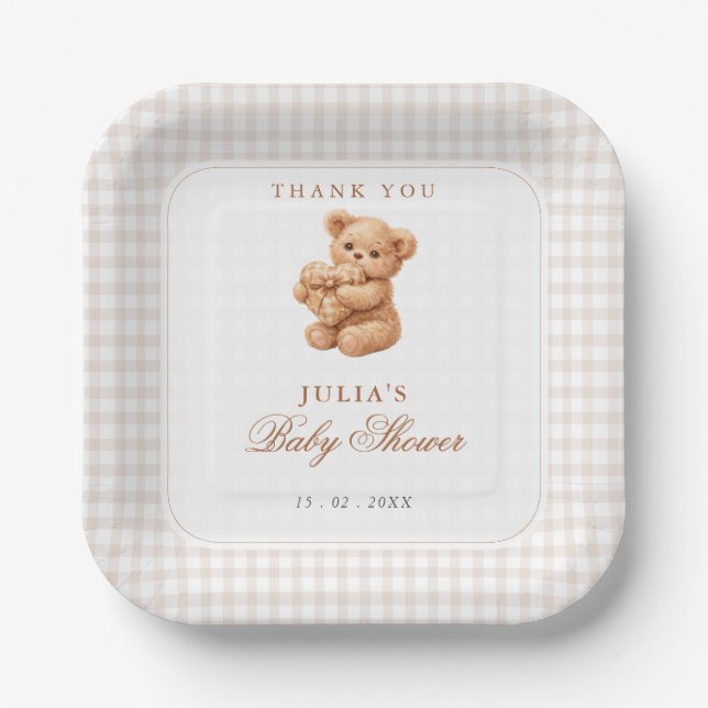 Brown Gingham Teddy Bear Neutral Baby Shower Paper Plates (Front)