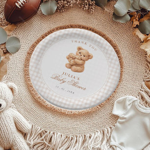 Brown Gingham Teddy Bear Neutral Baby Shower Paper Plates
